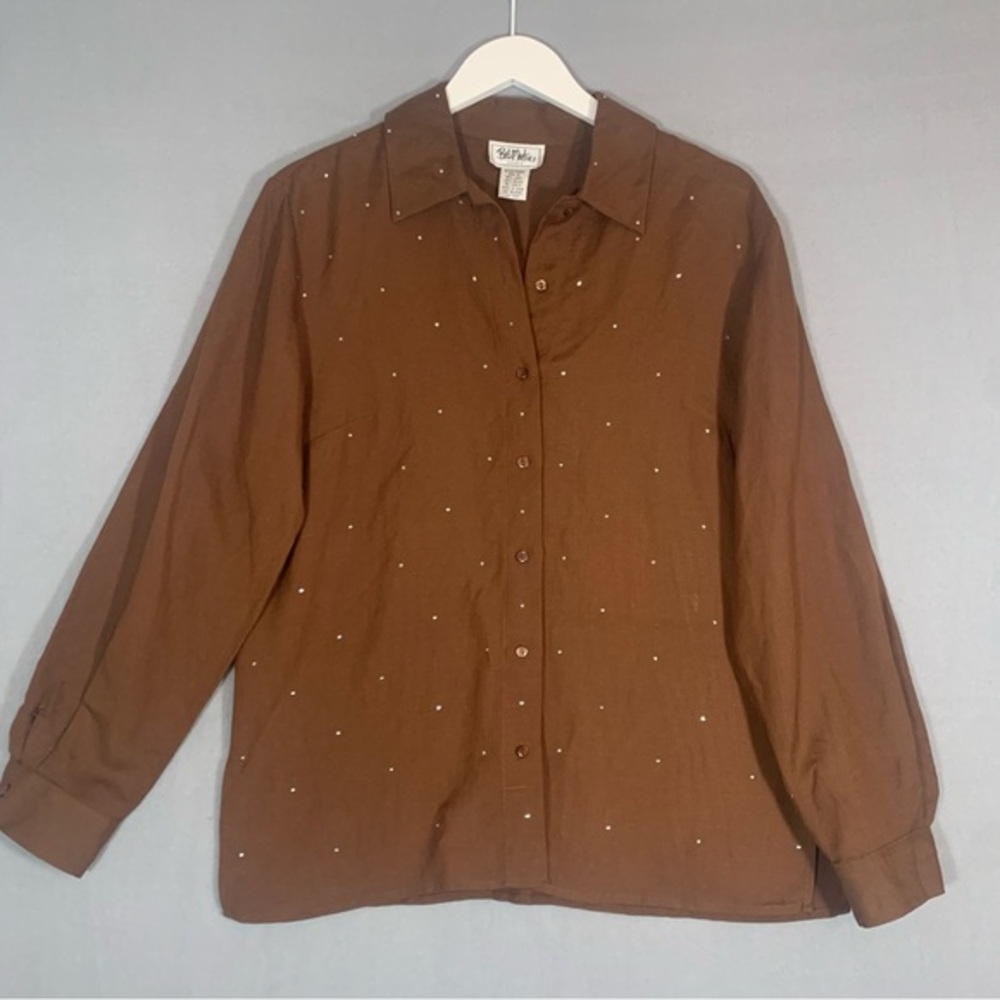 Bob Mackie Studio Brown Button Down Shirt Relaxed Fit Ladies Size 10 Rhinestones